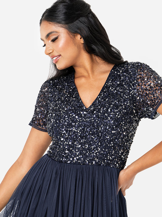 Maya Navy V Neckline Embellished Maxi Dress