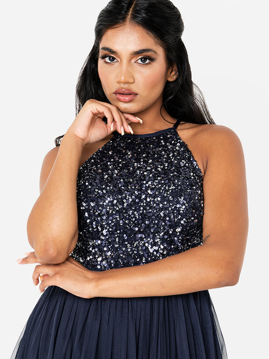 Maya Navy Embellished Halter Neck Maxi Dress