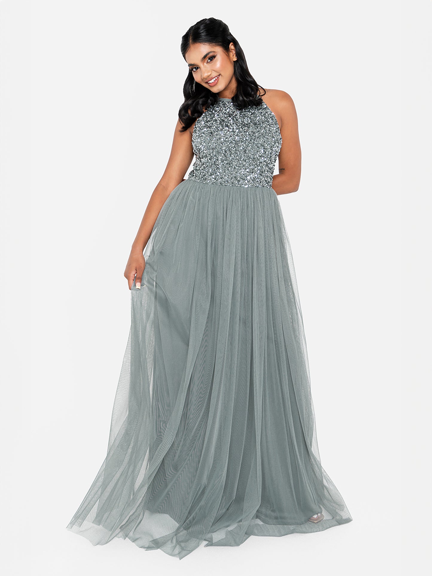 Maya Misty Green Embellished Halter Neck Maxi Dress