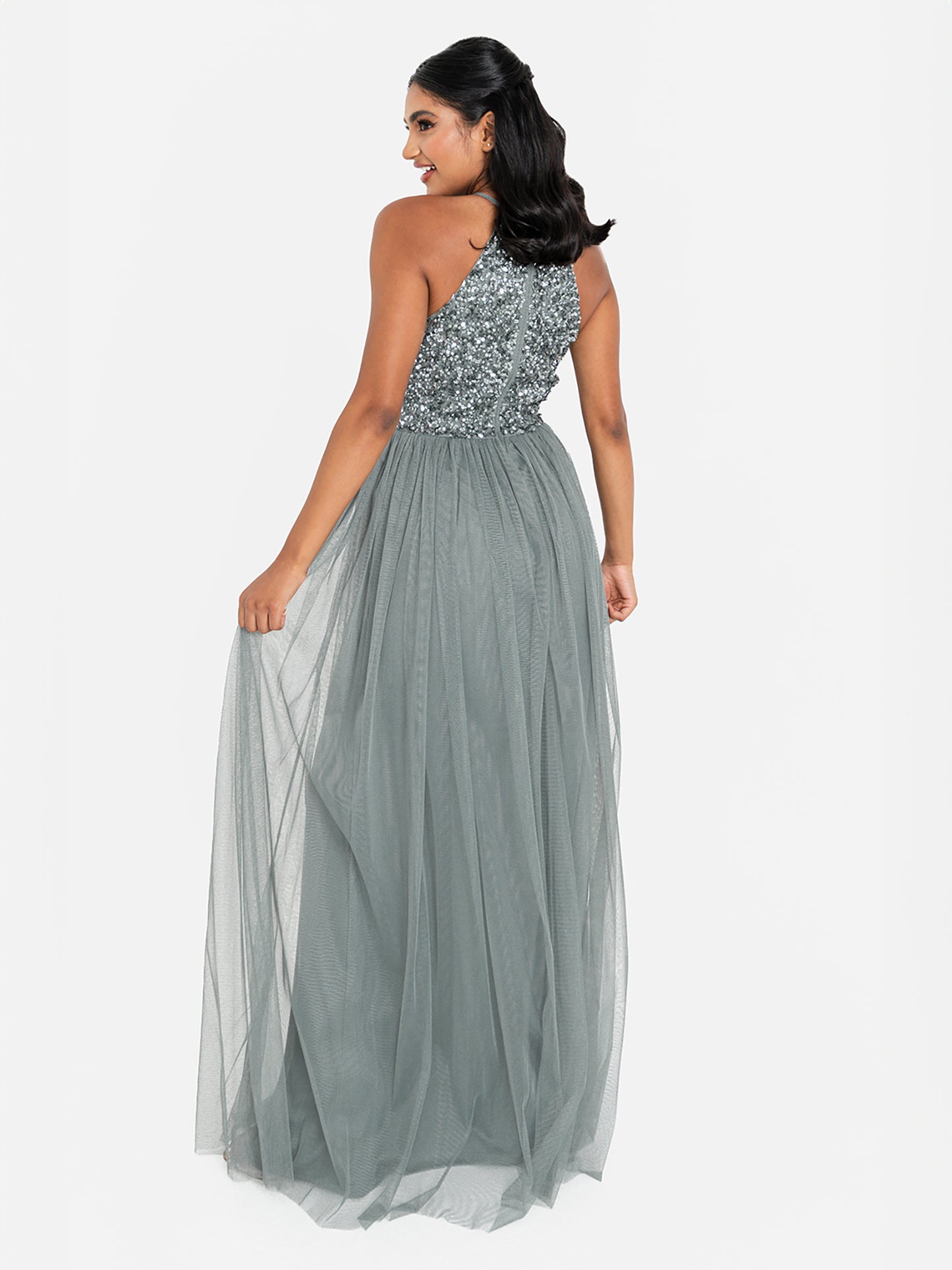 Maya Misty Green Embellished Halter Neck Maxi Dress