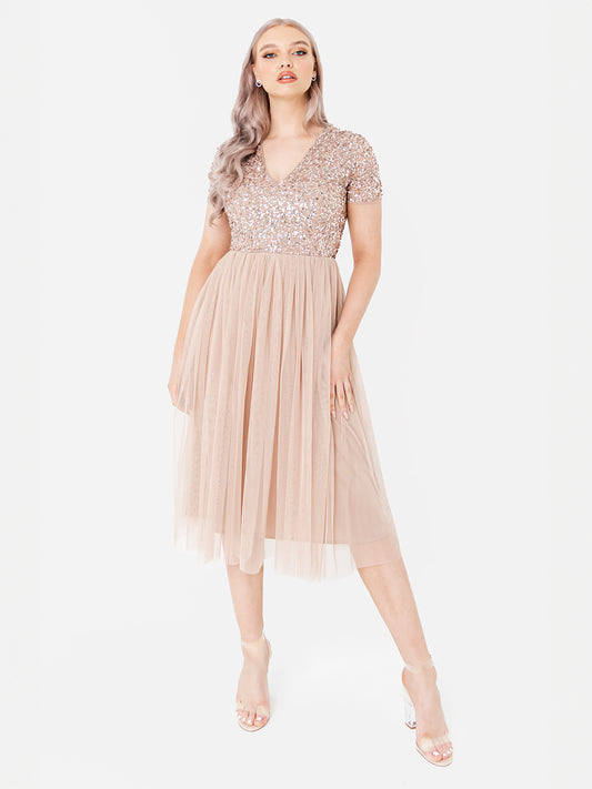 Maya Taupe Blush V Neckline Embellished Midi Dress