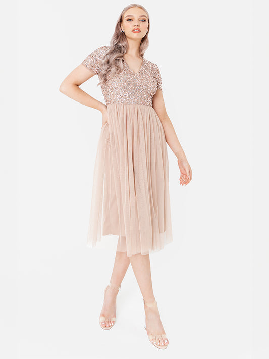 Maya Taupe Blush V Neckline Embellished Midi Dress