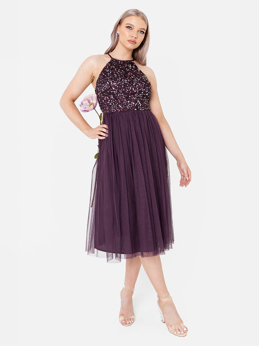 Maya Berry Embellished Halter Neck Midi Dress