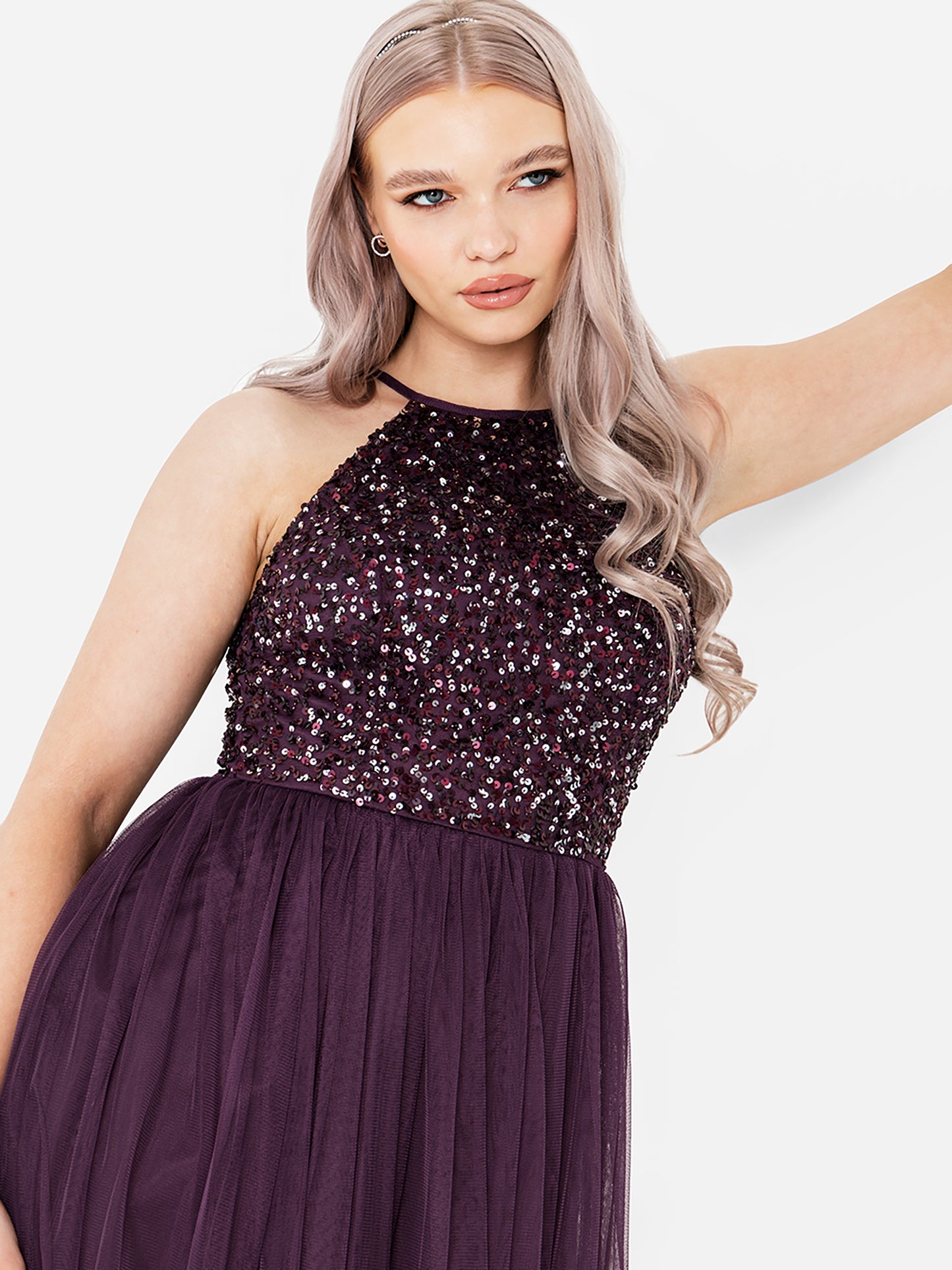 Maya Berry Embellished Halter Neck Midi Dress