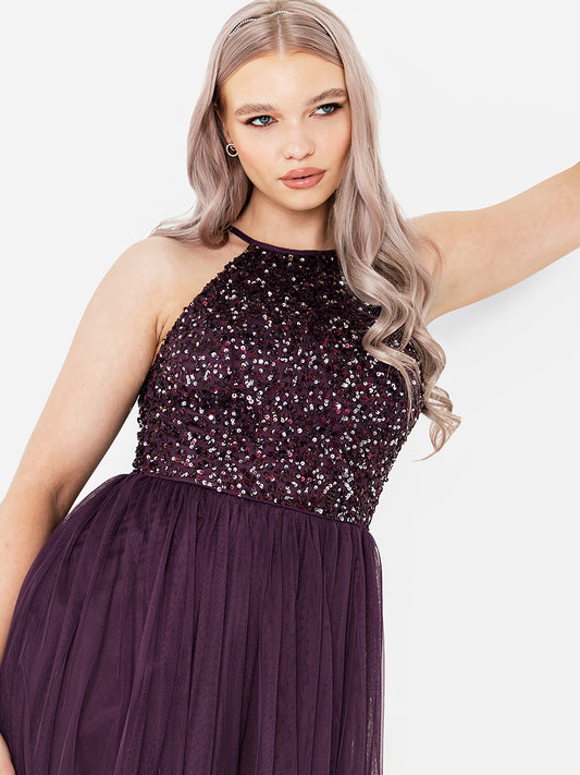 Maya Berry Embellished Halter Neck Midi Dress