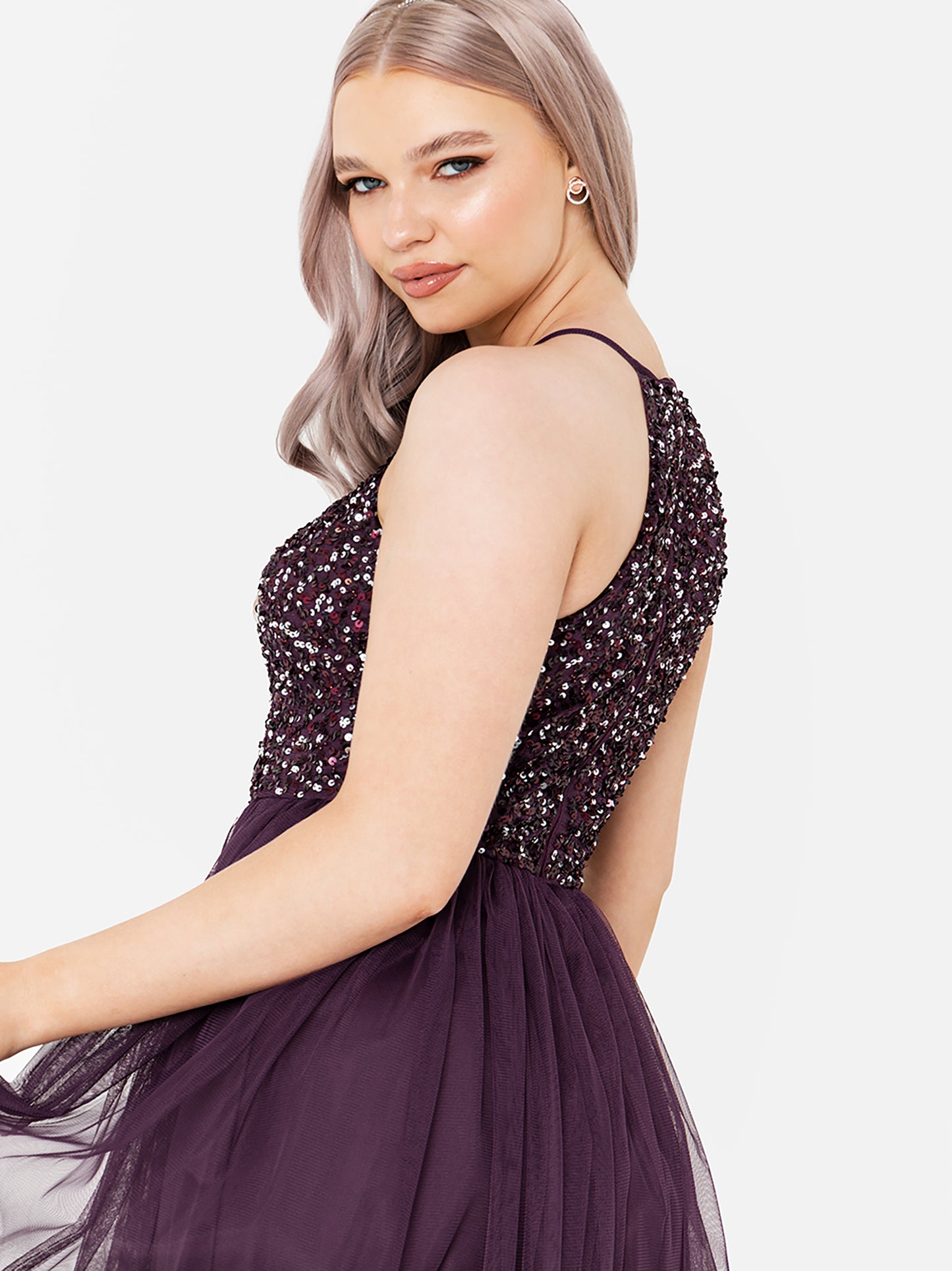 Maya Berry Embellished Halter Neck Midi Dress