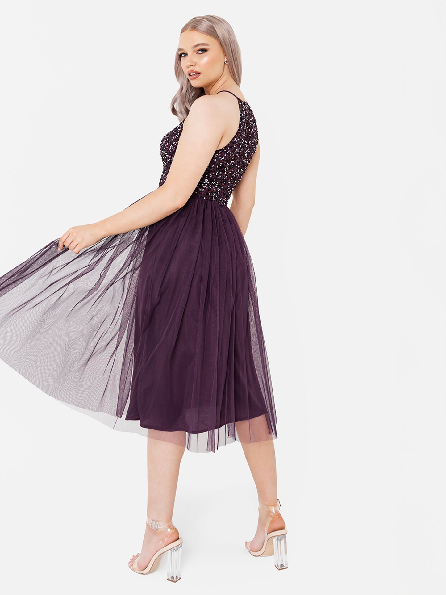 Maya Berry Embellished Halter Neck Midi Dress