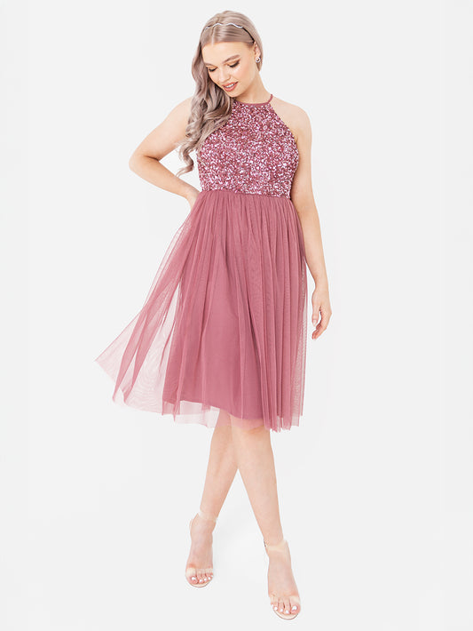 Maya Desert Rose Embellished Halter Neck Midi Dress