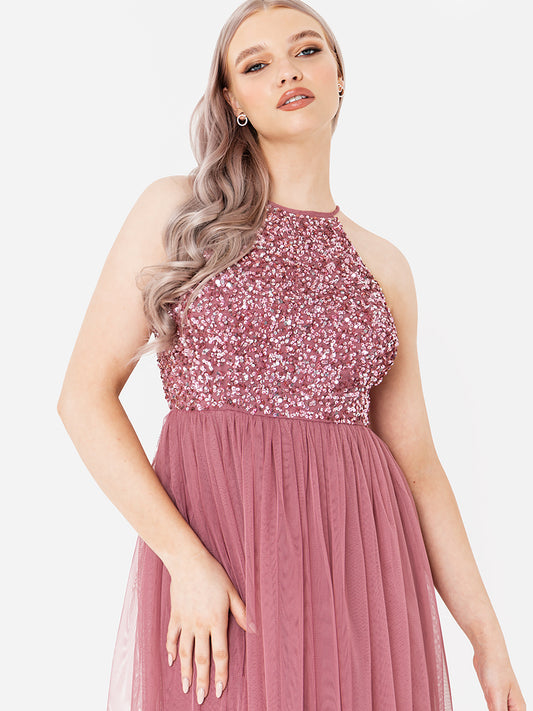 Maya Desert Rose Embellished Halter Neck Midi Dress