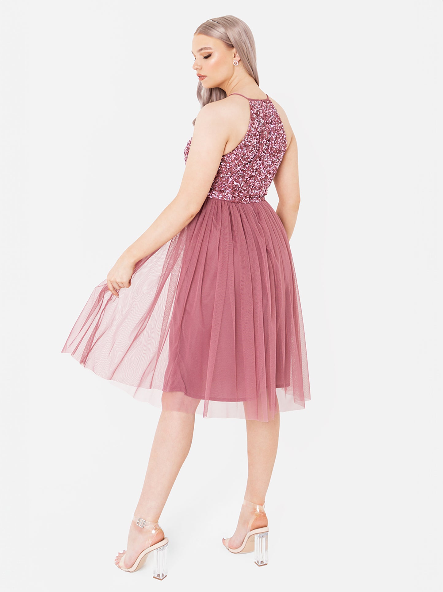 Maya Desert Rose Embellished Halter Neck Midi Dress