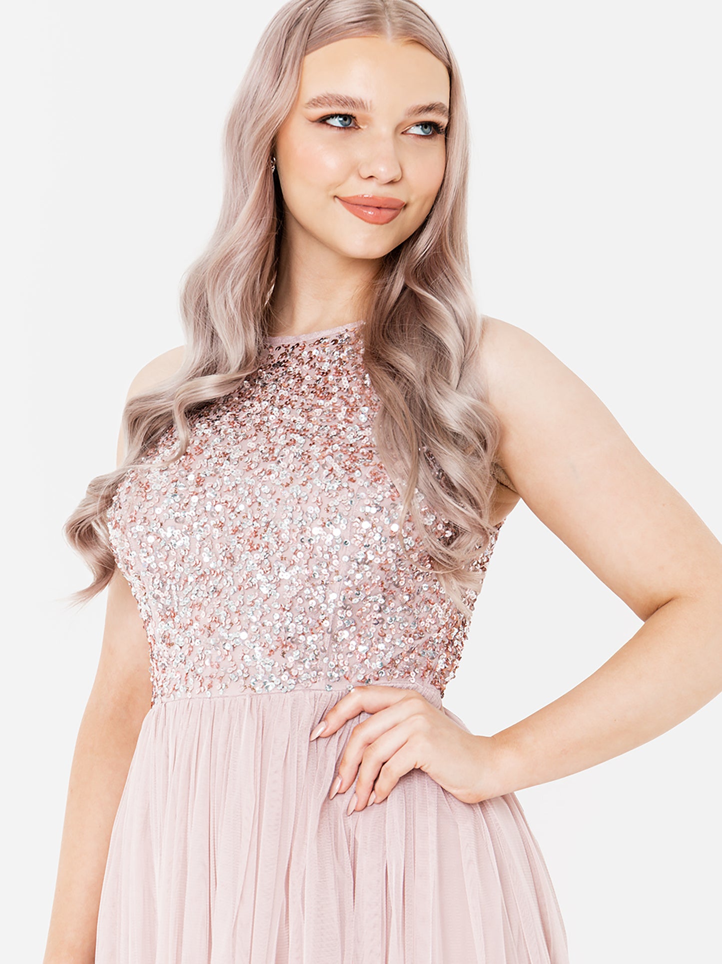 Maya Frosted Pink Embellished Halter Neck Midi Dress