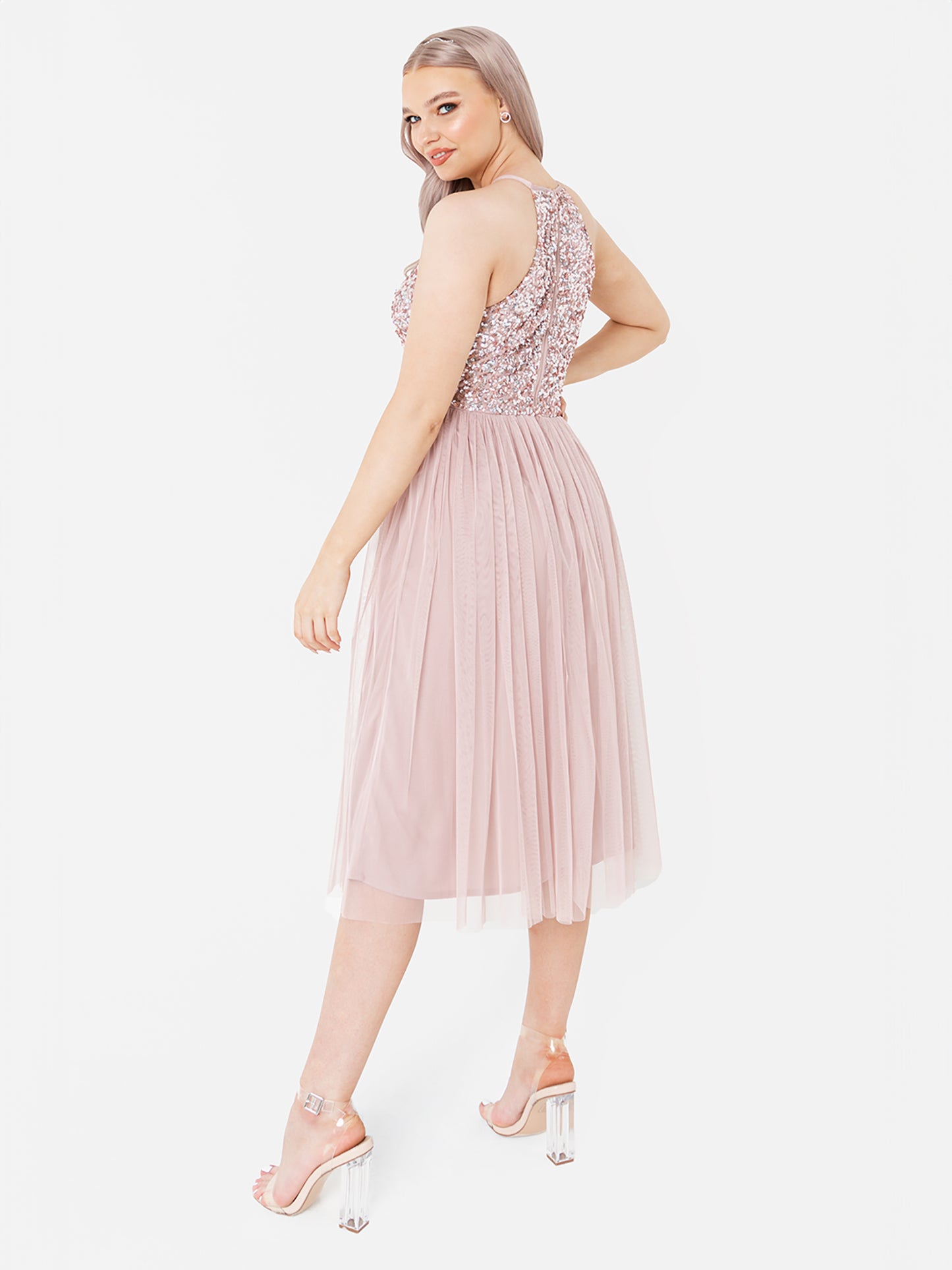 Maya Frosted Pink Embellished Halter Neck Midi Dress