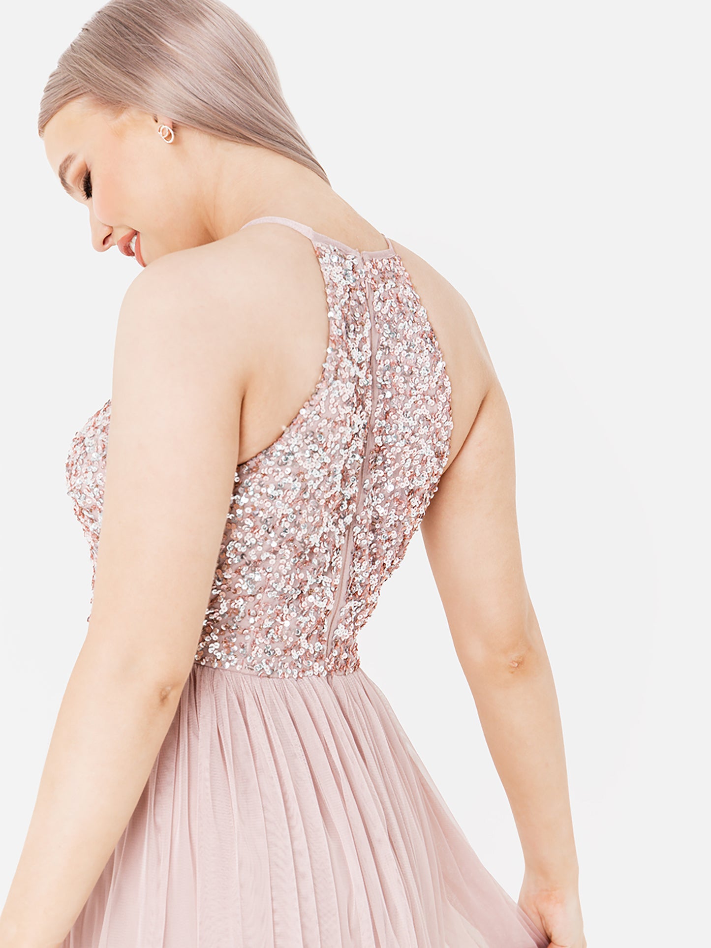 Maya Frosted Pink Embellished Halter Neck Midi Dress