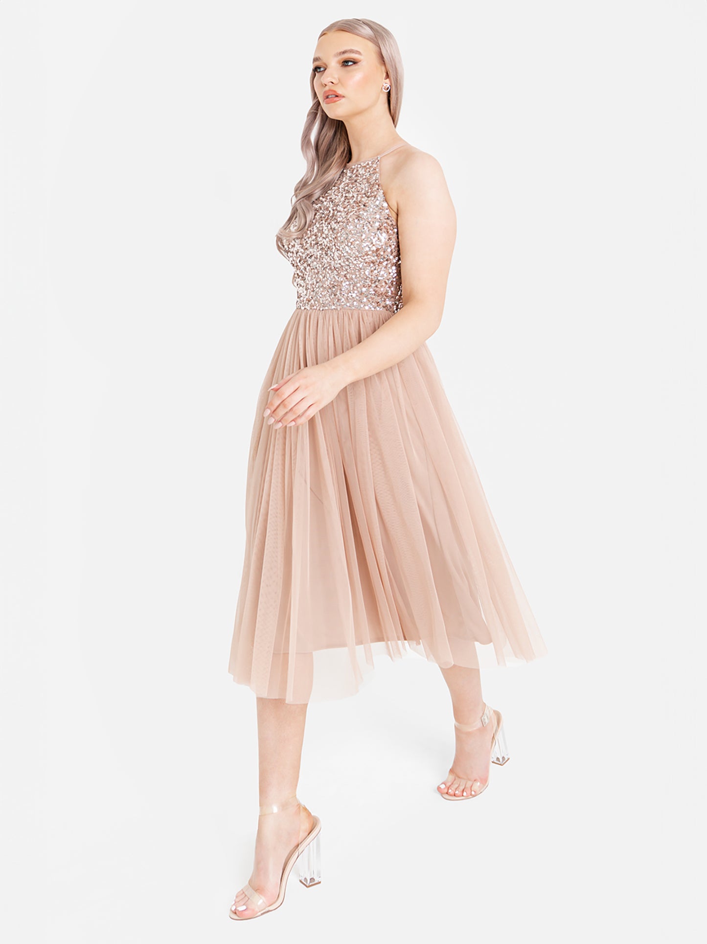 Maya Taupe Blush Embellished Halter Neck Midi Dress