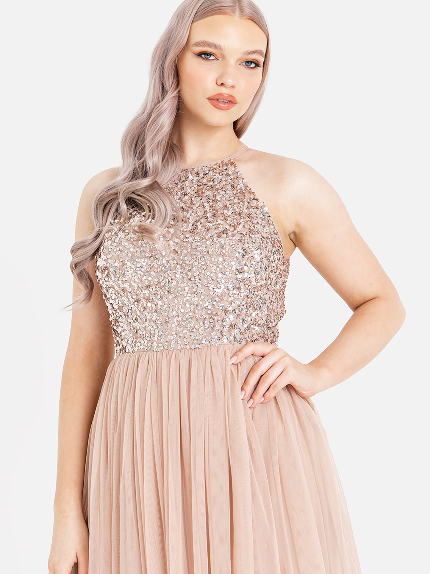 Maya Taupe Blush Embellished Halter Neck Midi Dress