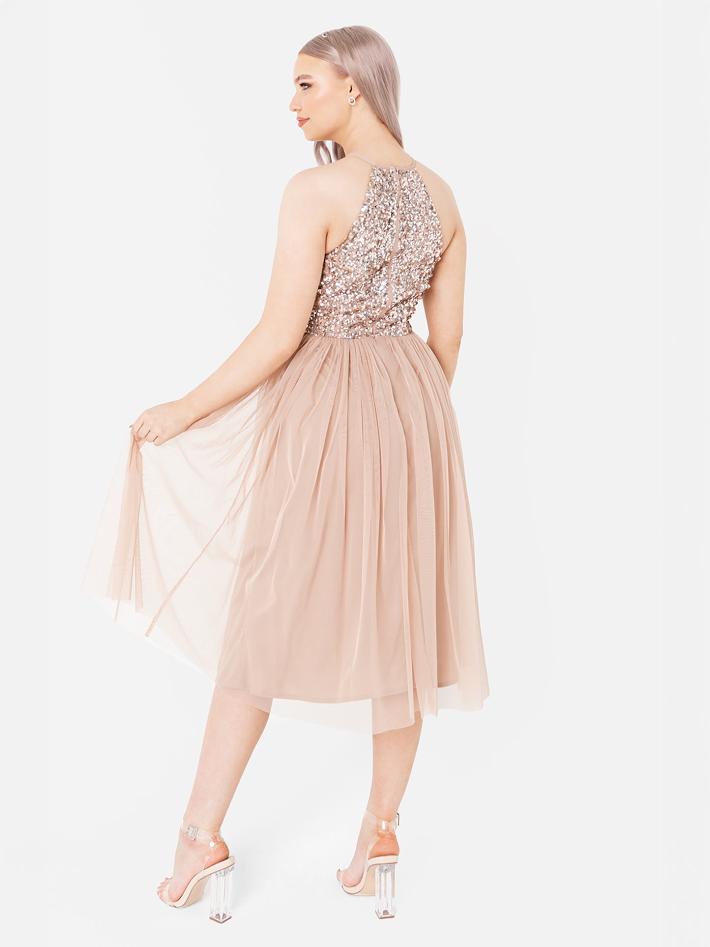 Maya Taupe Blush Embellished Halter Neck Midi Dress