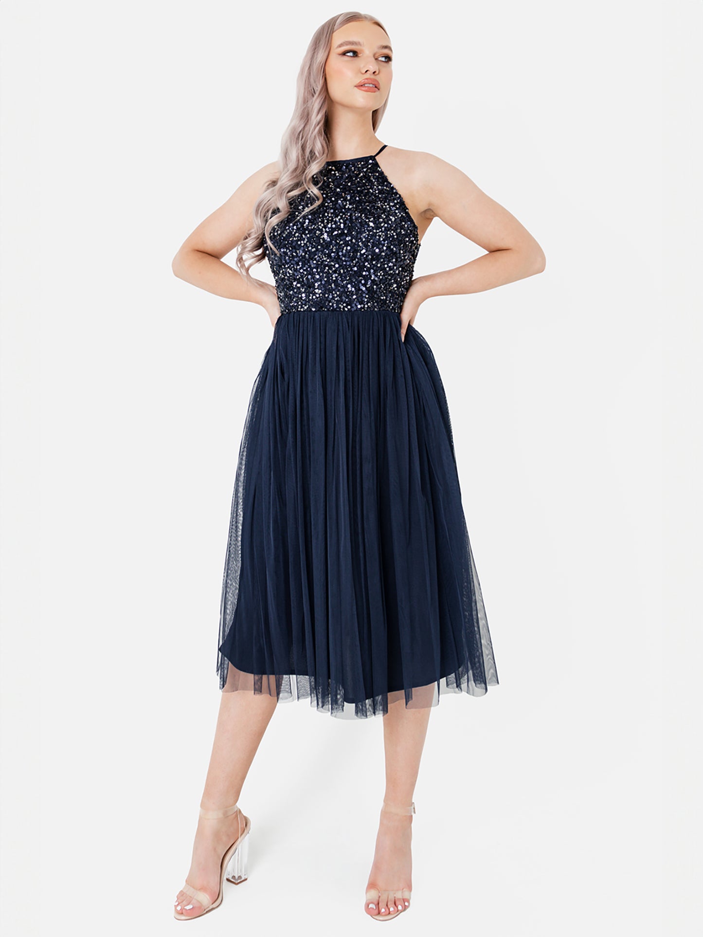 Maya Navy Embellished Halter Neck Midi Dress