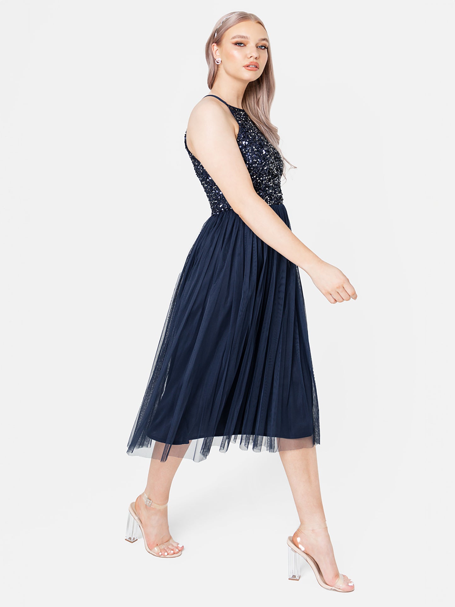 Maya Navy Embellished Halter Neck Midi Dress
