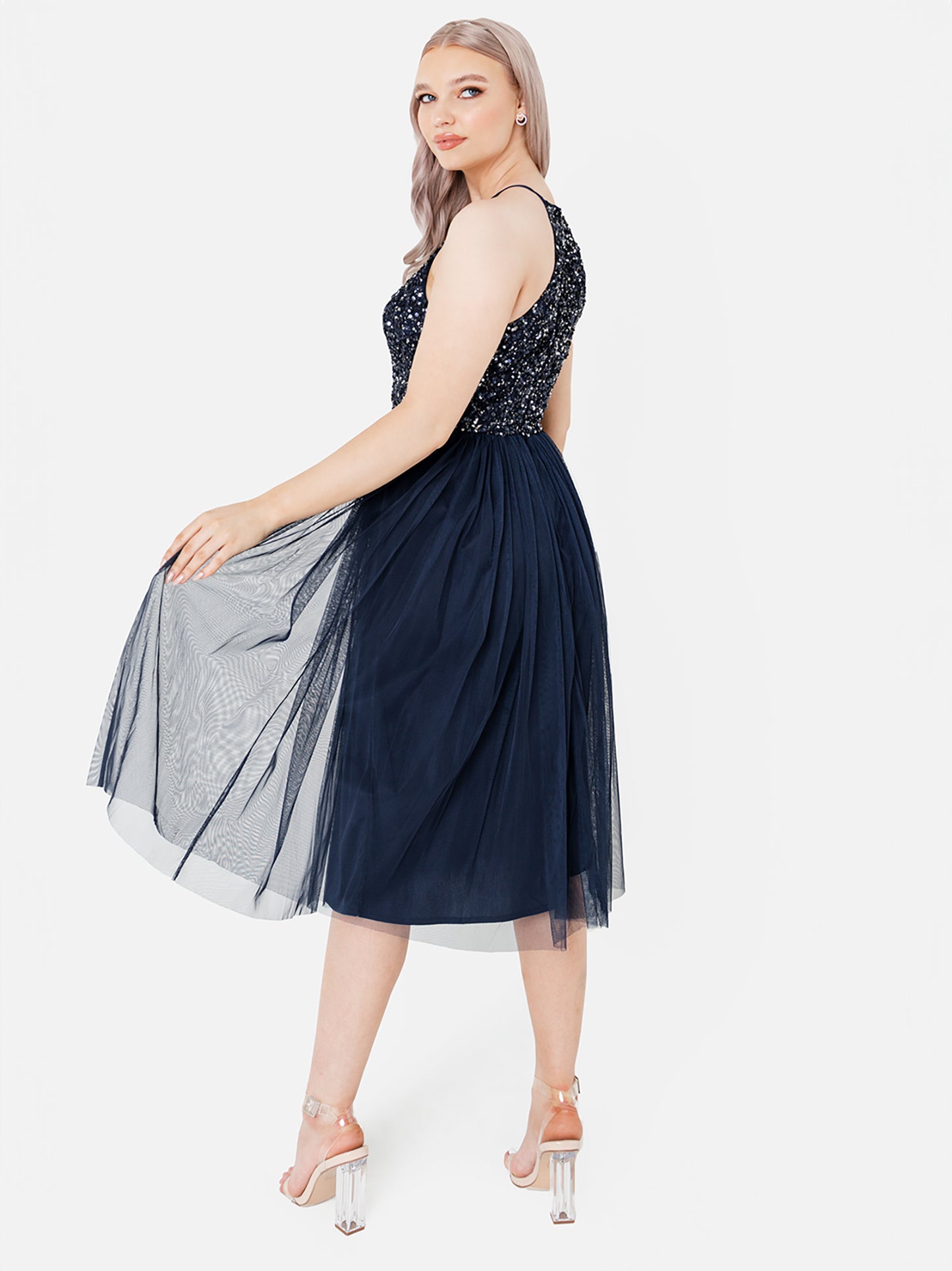 Maya Navy Embellished Halter Neck Midi Dress