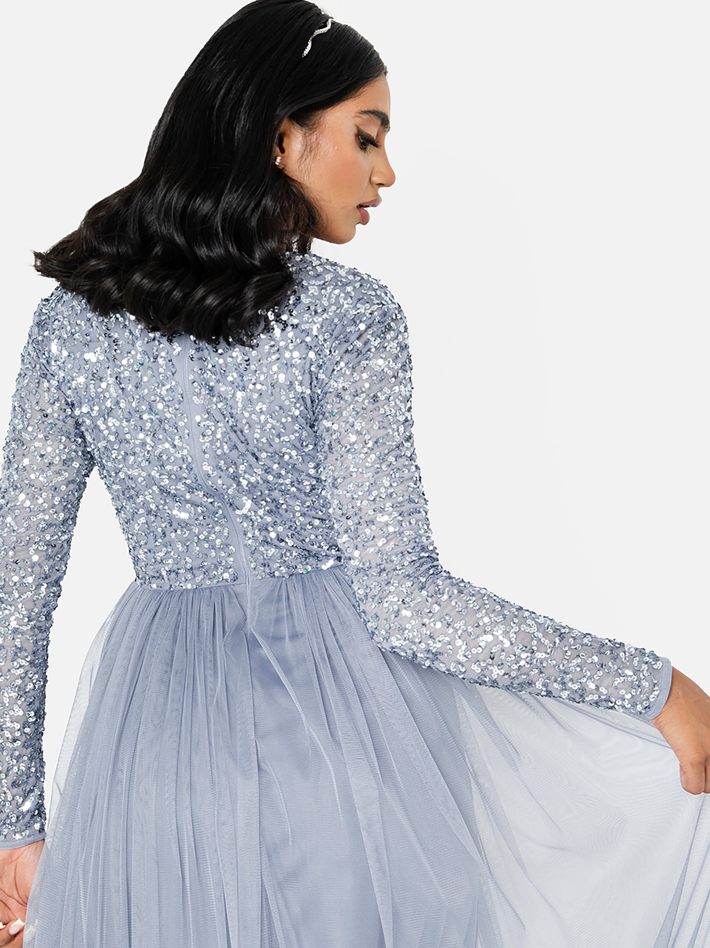 Maya Dusty Blue V Neck Embellished Long Sleeve Maxi Dress