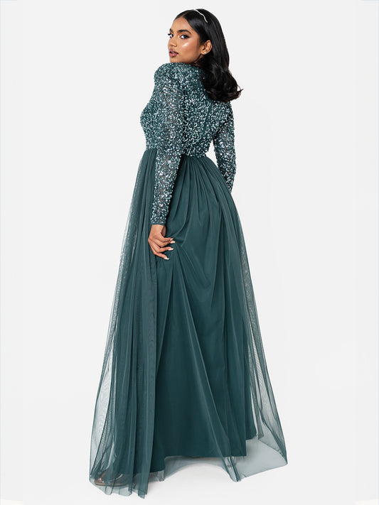 Maya Emerald Green V Neck Embellished Long Sleeve Maxi Dress