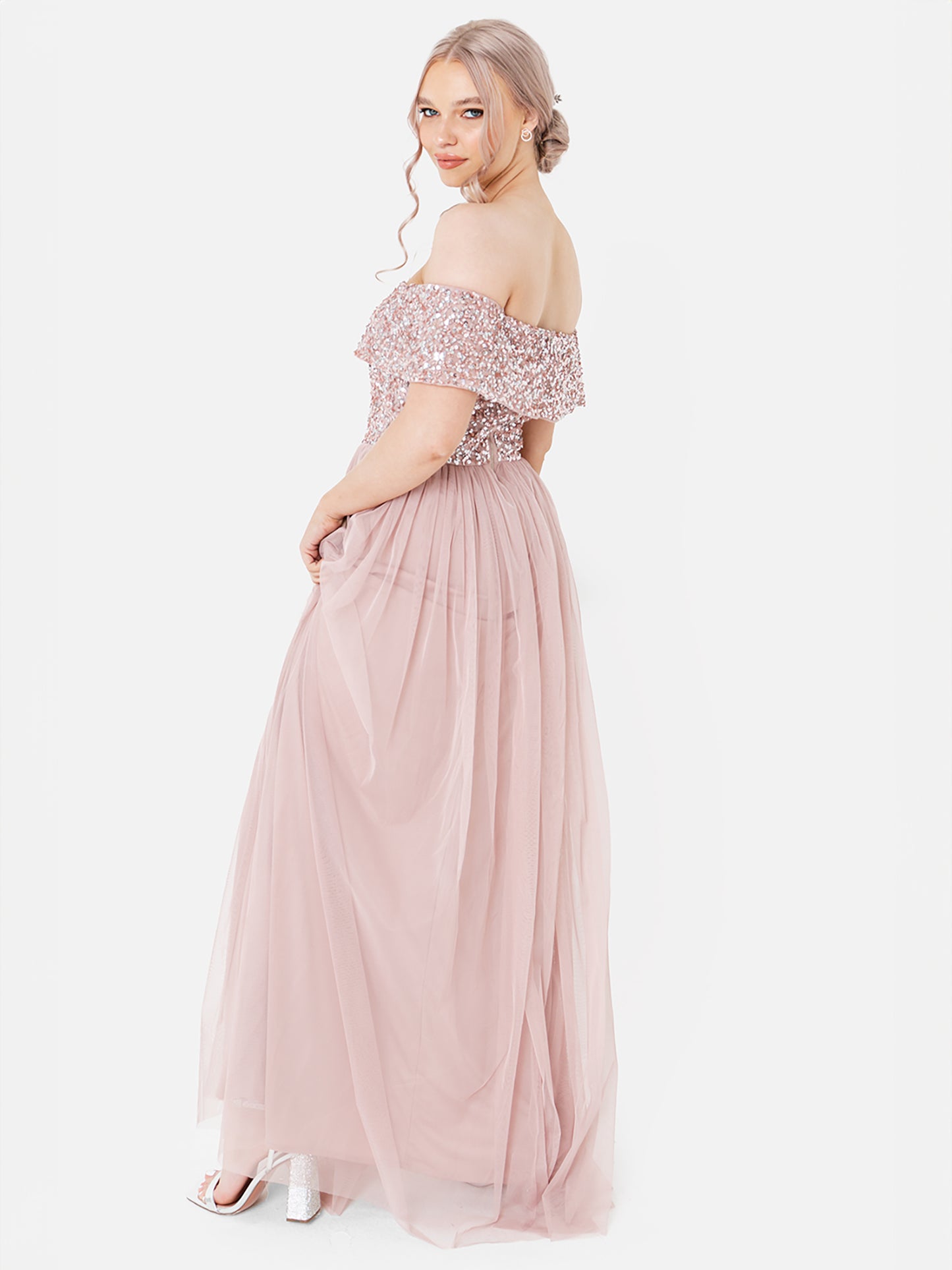 Maya Frosted Pink Bardot Embellished Maxi Dress