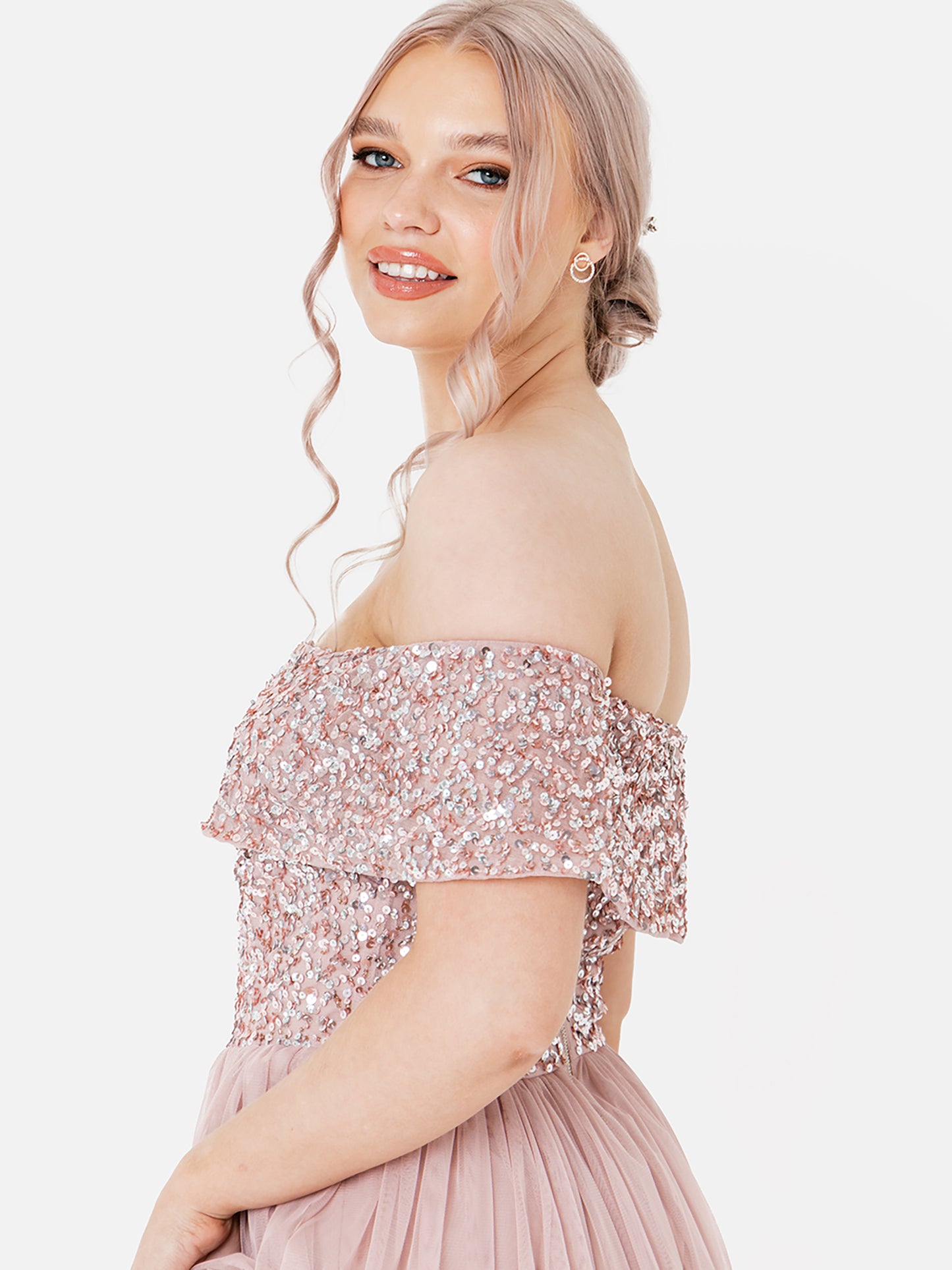 Maya Frosted Pink Bardot Embellished Maxi Dress