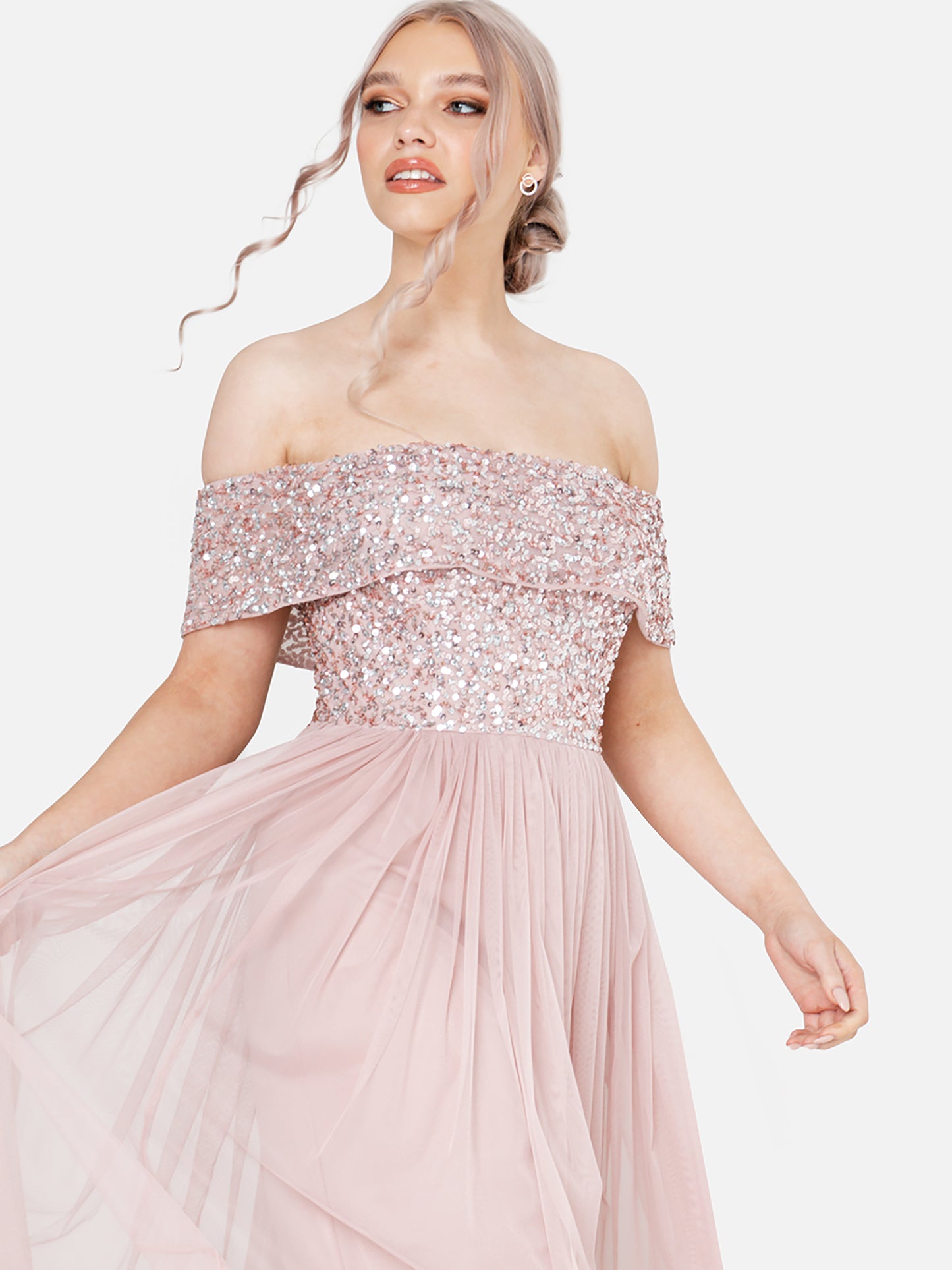 Maya Frosted Pink Bardot Embellished Maxi Dress
