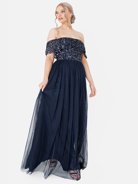 Maya Navy Bardot Embellished Maxi Dress