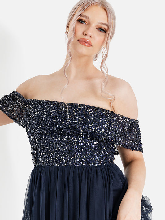 Maya Navy Bardot Embellished Maxi Dress