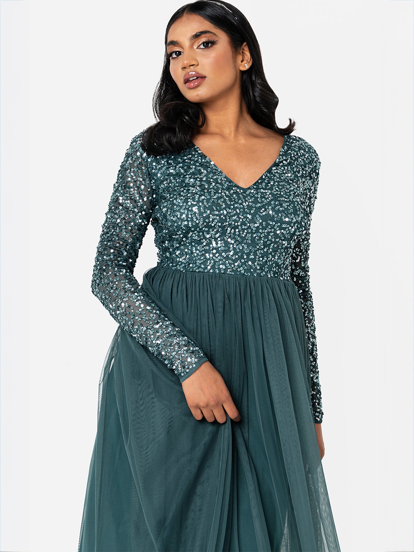 Maya Emerald Green V Neck Embellished Long Sleeve Maxi Dress