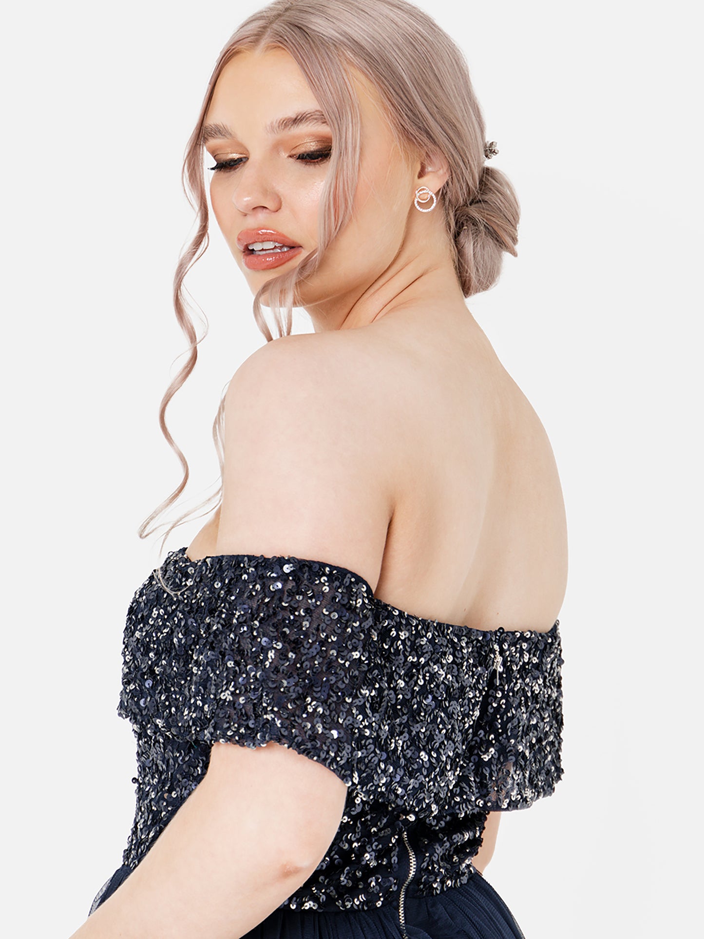 Maya Navy Bardot Embellished Maxi Dress