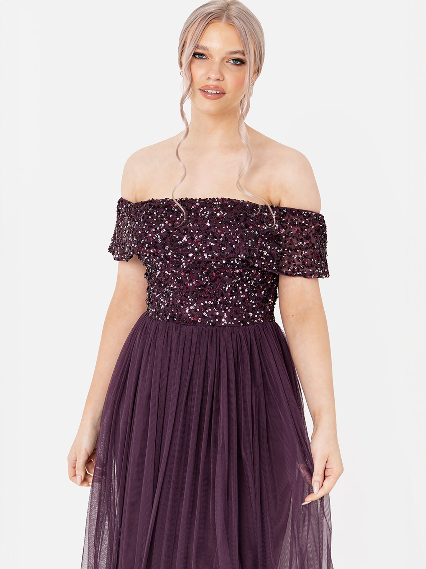 Maya Berry Bardot Embellished Maxi Dress