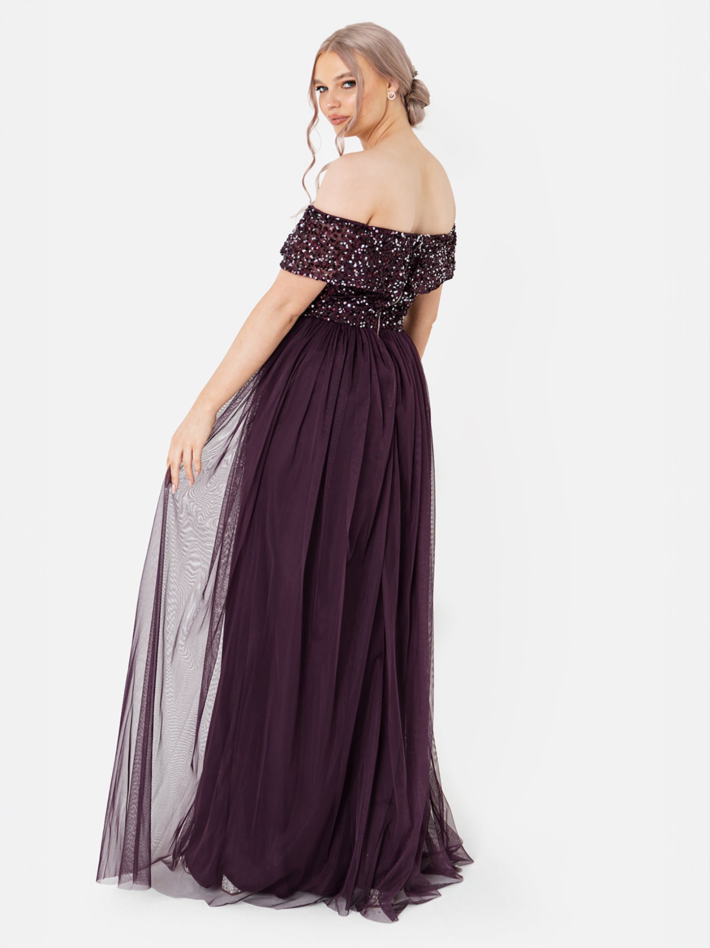 Maya Berry Bardot Embellished Maxi Dress