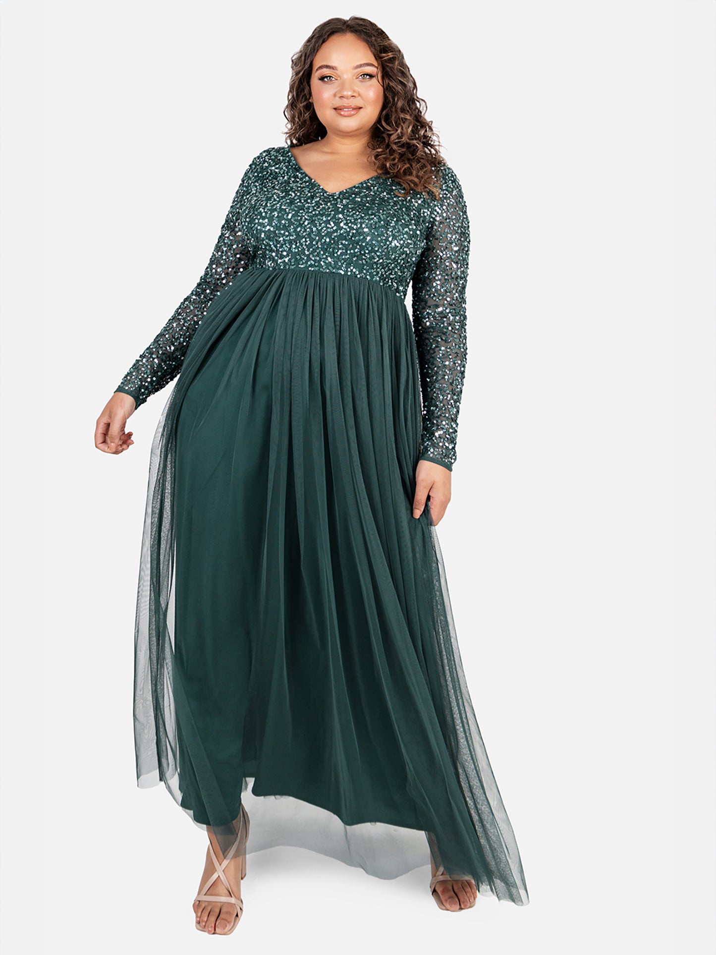 Maya Emerald Green V Neck Embellished Long Sleeve Maxi Dress