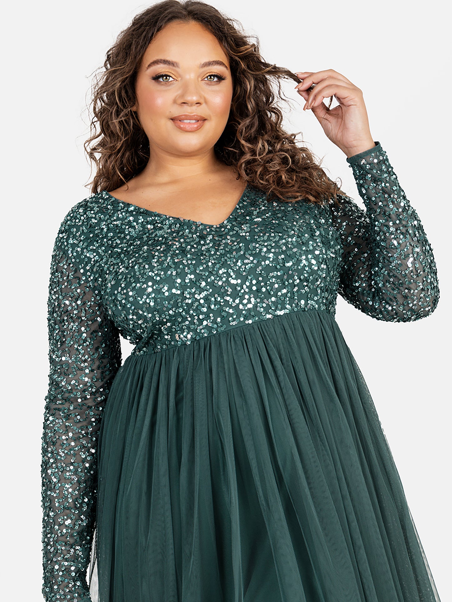 Maya Emerald Green V Neck Embellished Long Sleeve Maxi Dress