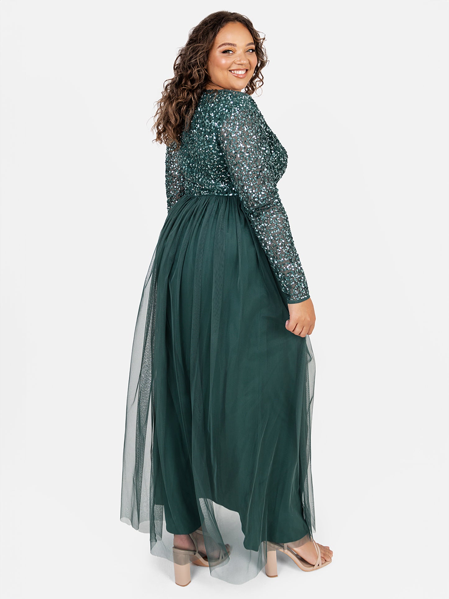 Maya Emerald Green V Neck Embellished Long Sleeve Maxi Dress