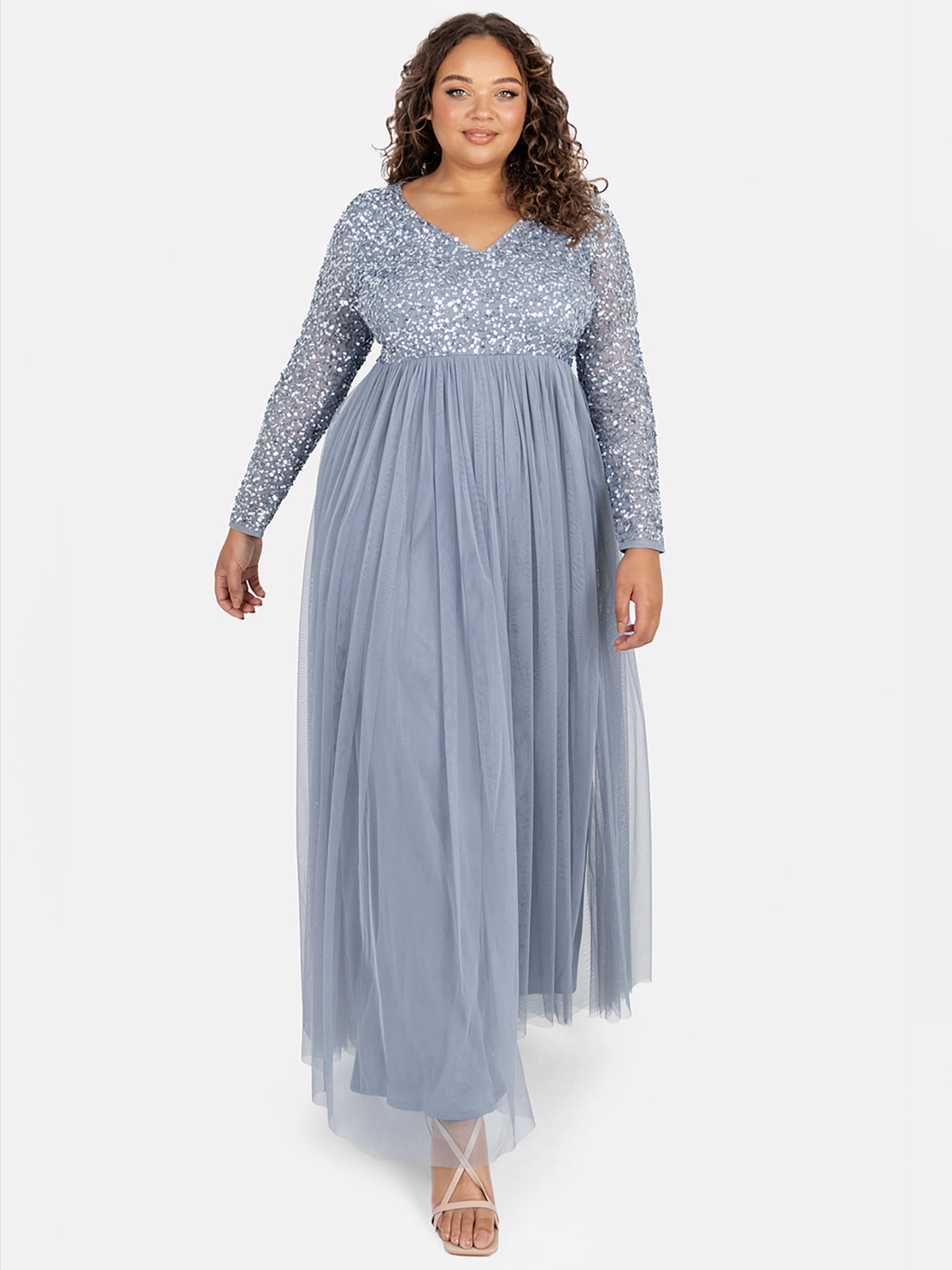 Maya Dusty Blue V Neck Embellished Long Sleeve Maxi Dress