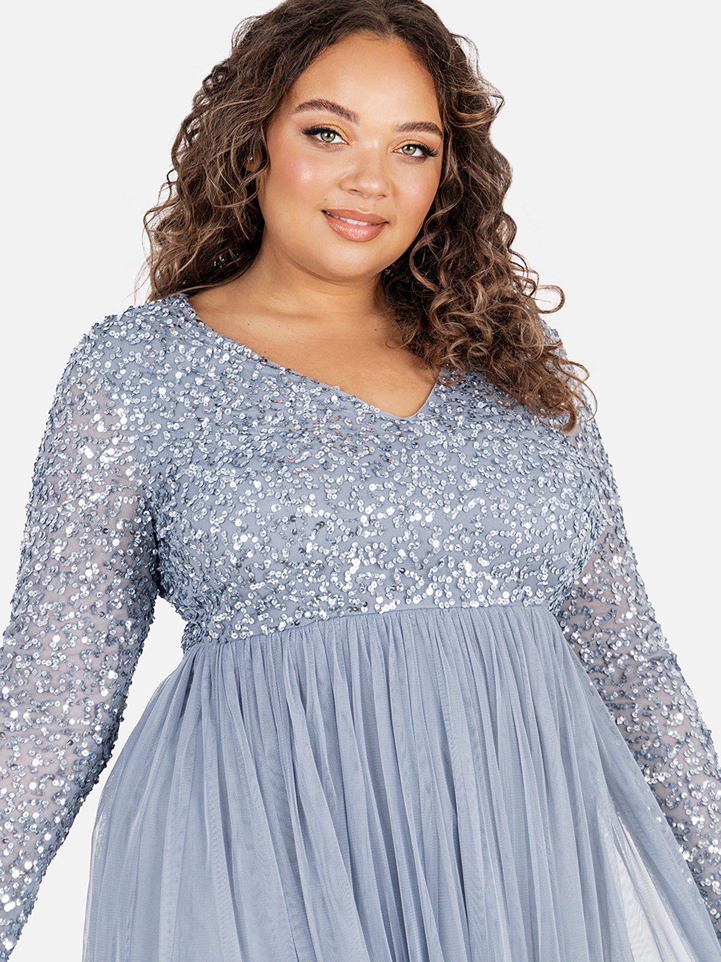 Maya Dusty Blue V Neck Embellished Long Sleeve Maxi Dress