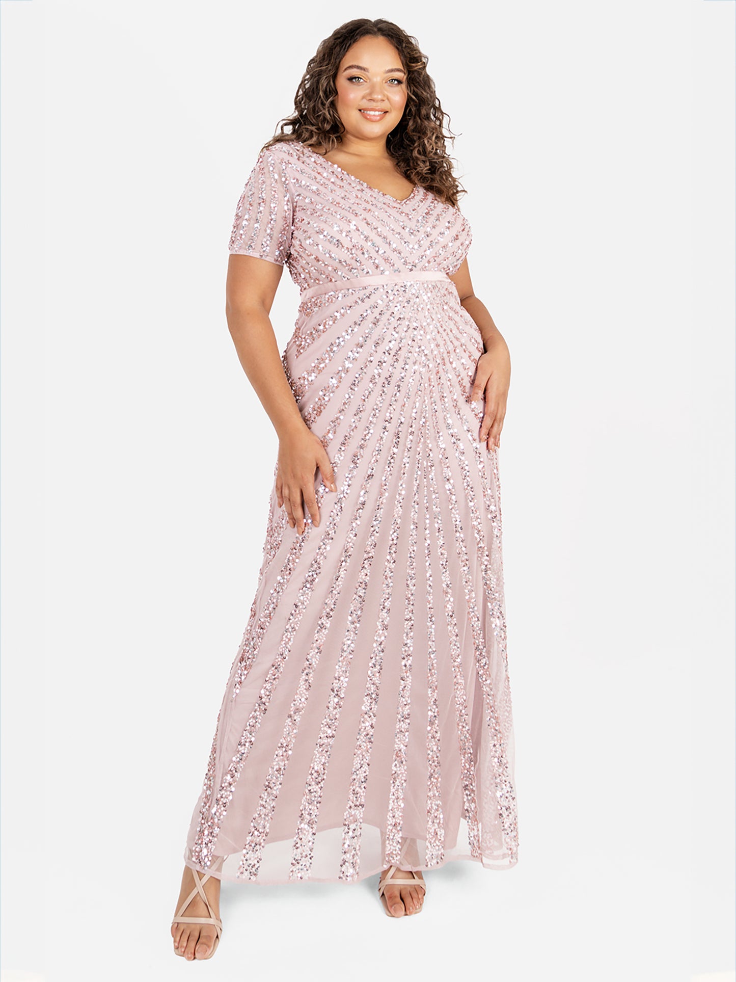 Maya Frosted Pink Short Sleeve Stripe Embellished Maxi Dress