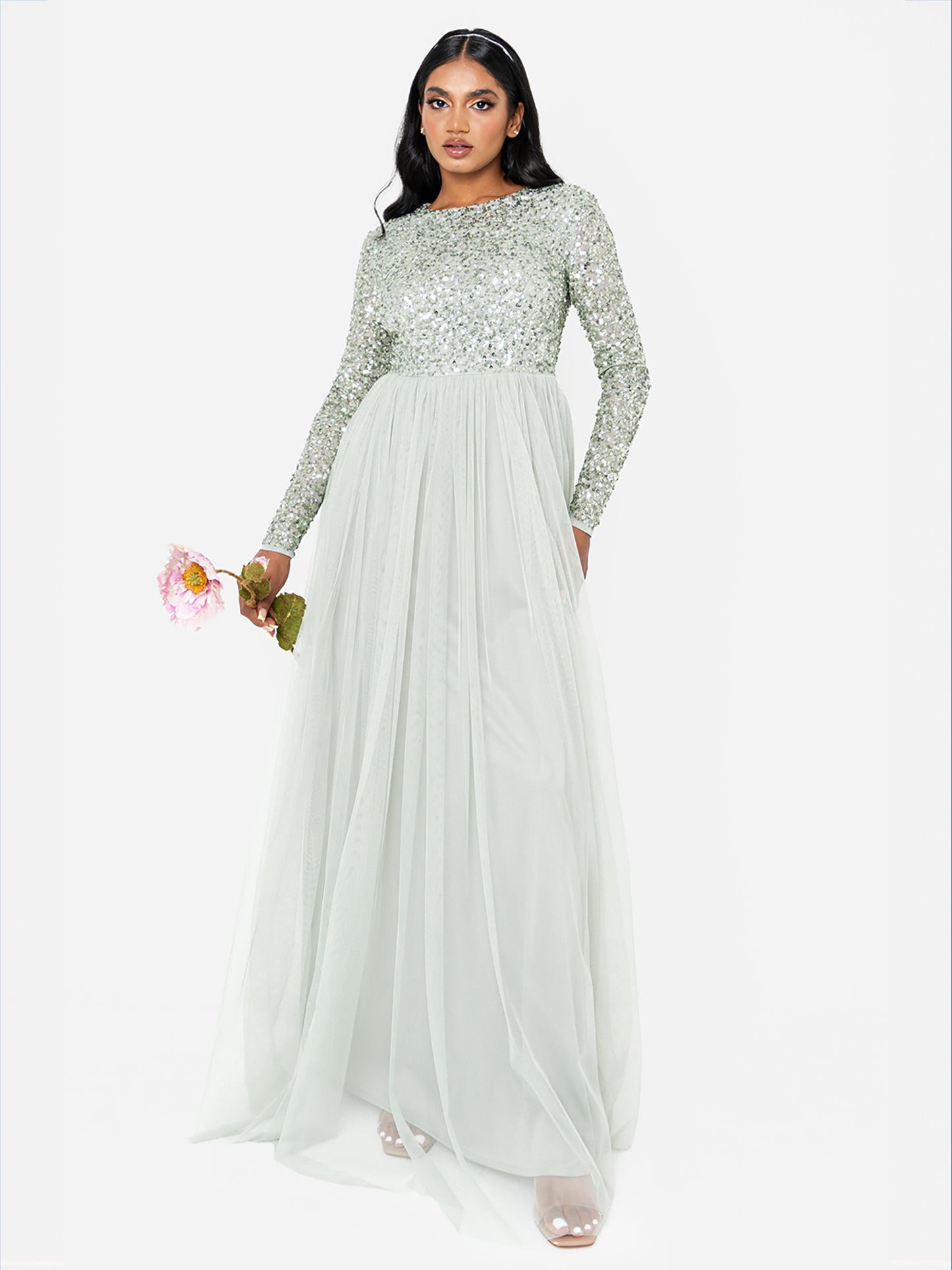 Maya Sage Green Embellished Long Sleeve Maxi Dress