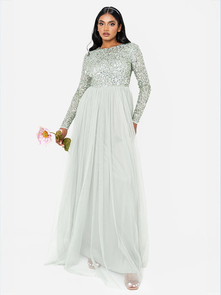 maya deluxe long sleeve dress Maya Fully Embellished Round Neck Long Blouson Sleeve Maxi Dress  Maya  Deluxe