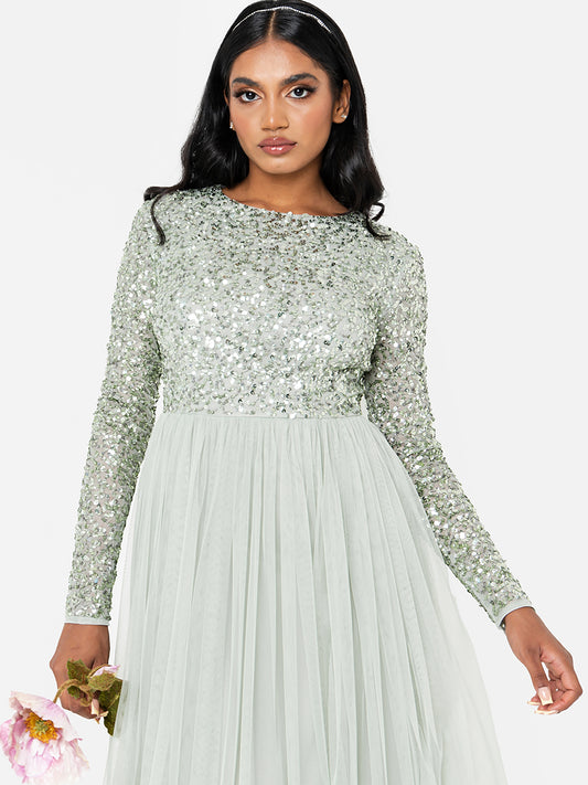 Maya Sage Green Embellished Long Sleeve Maxi Dress
