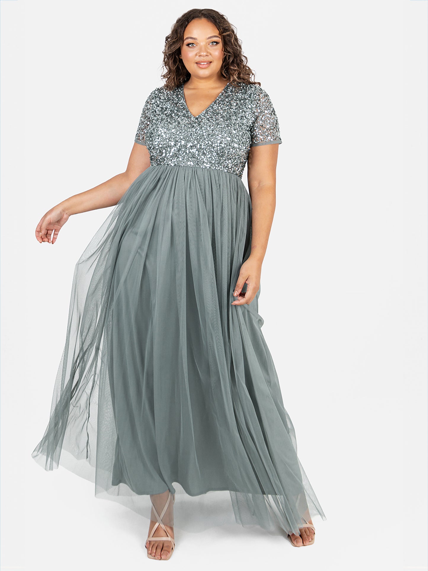Maya Misty Green V Neckline Embellished Maxi Dress