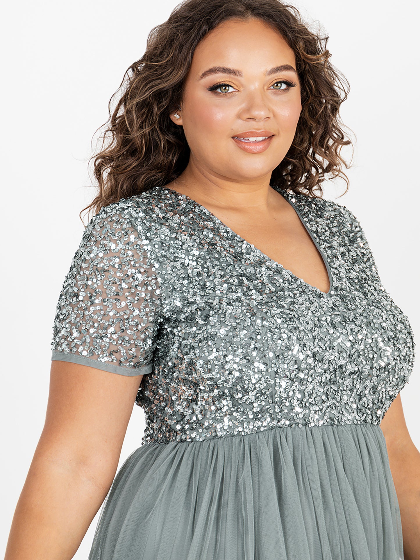 Maya Misty Green V Neckline Embellished Maxi Dress