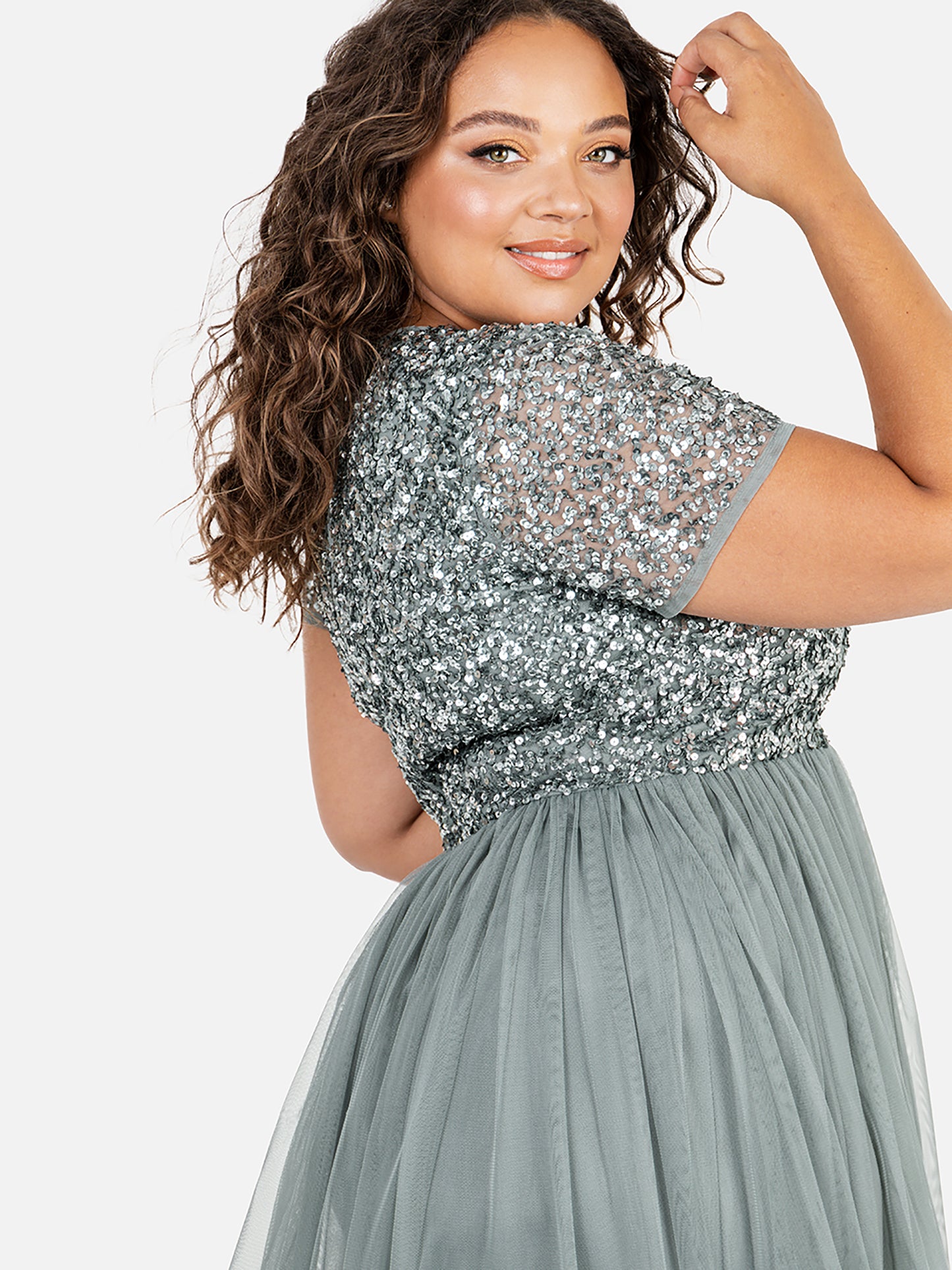 Maya Misty Green V Neckline Embellished Maxi Dress