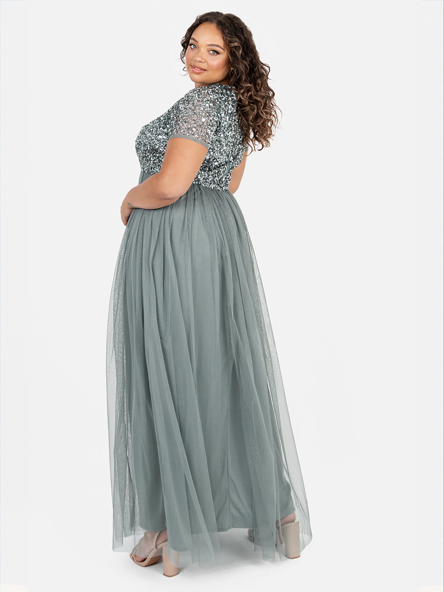 Maya Misty Green V Neckline Embellished Maxi Dress