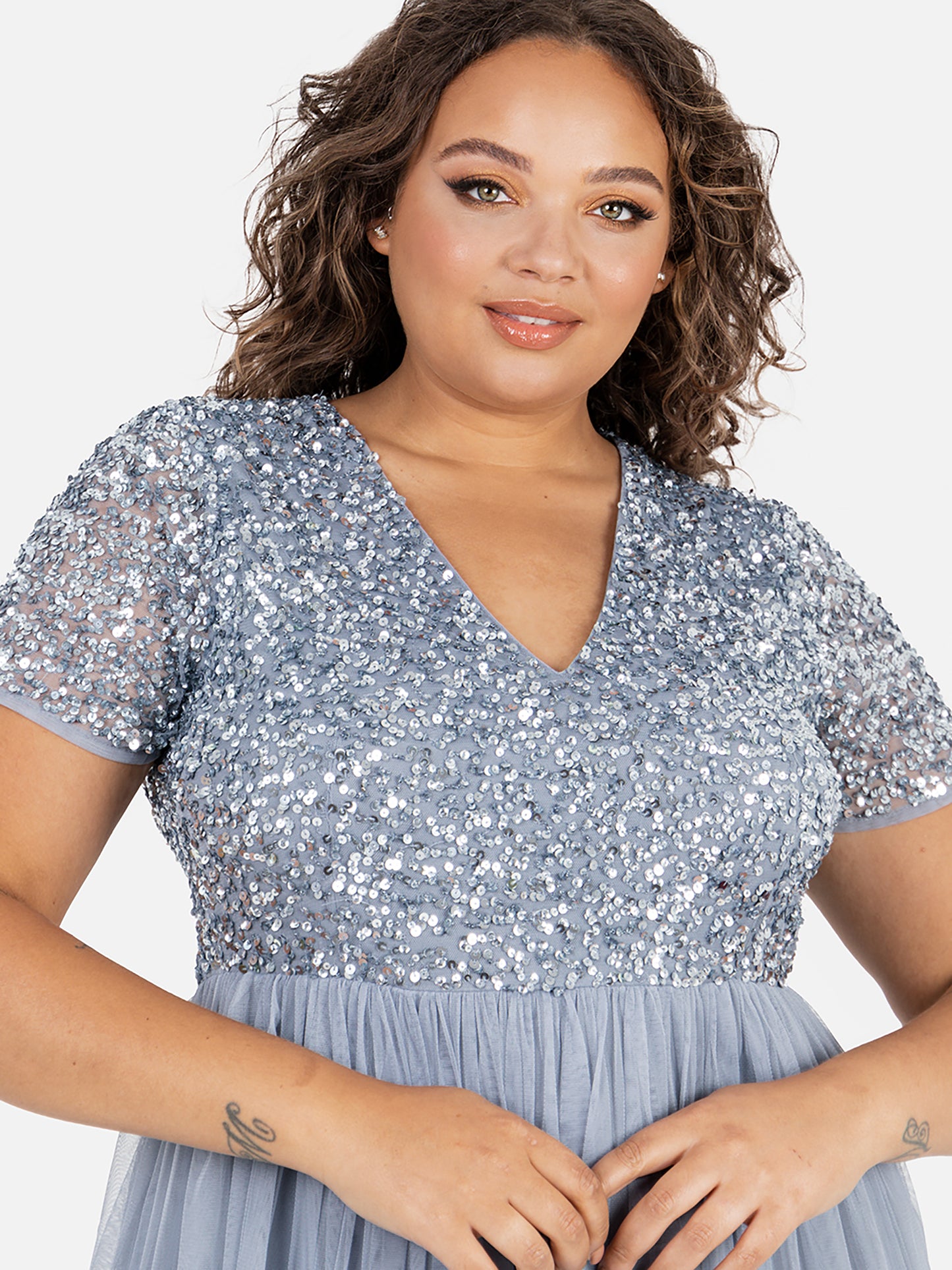 Maya Dusty Blue V Neckline Embellished Maxi Dress