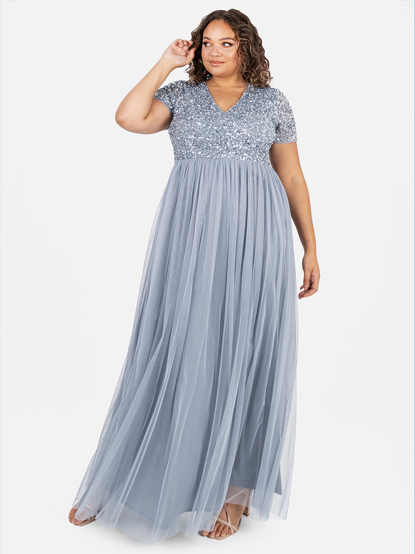 Maya Dusty Blue V Neckline Embellished Maxi Dress