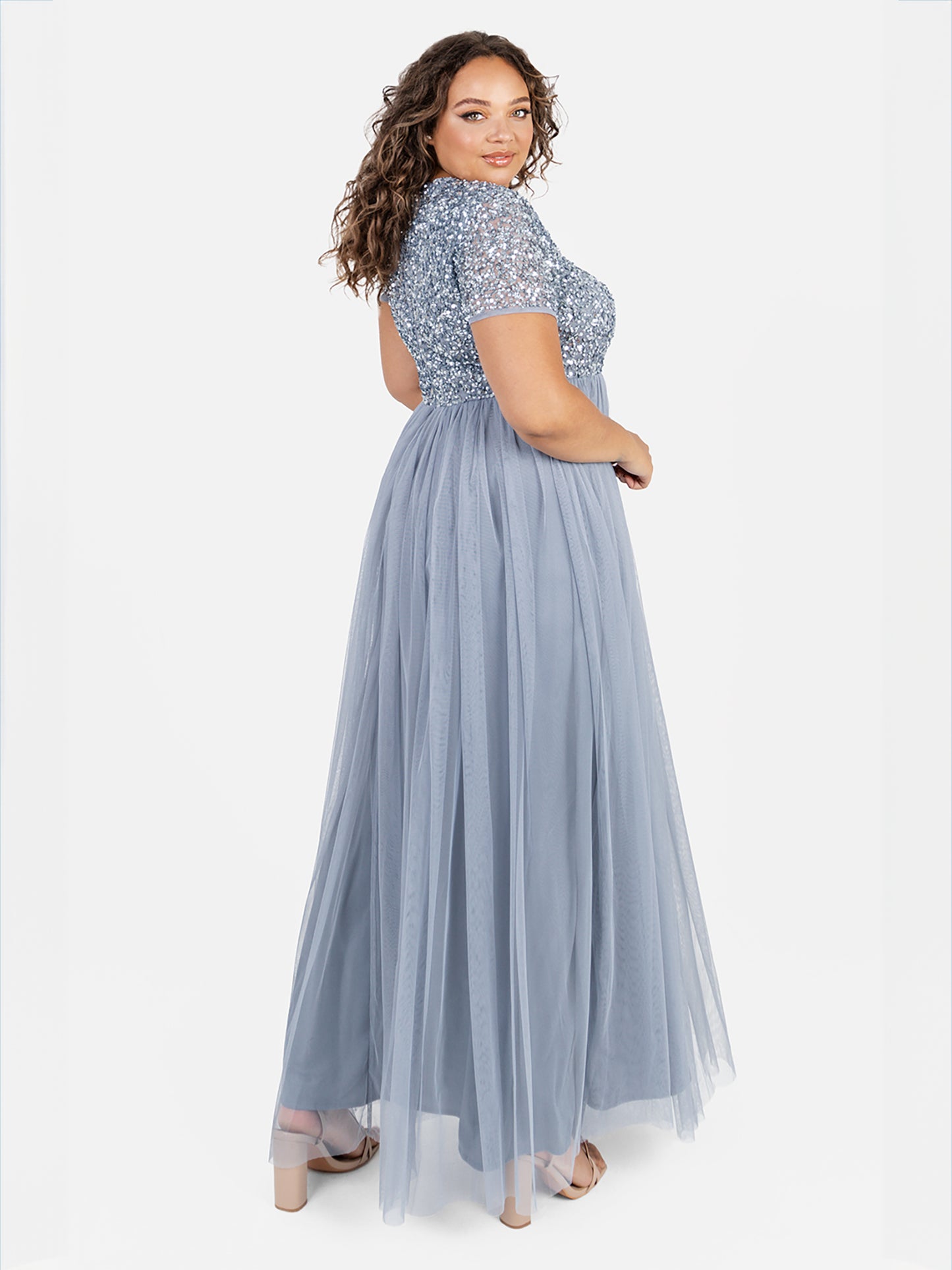 Maya Dusty Blue V Neckline Embellished Maxi Dress